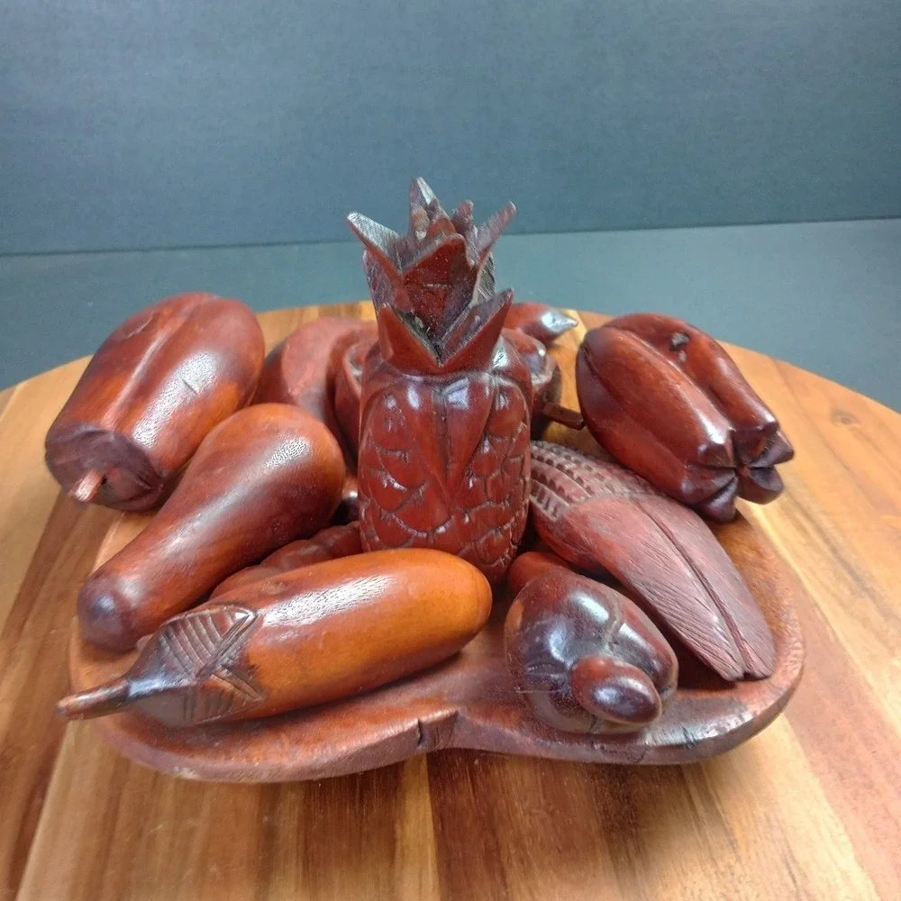 Vintage MCM Wooden Fruit Bowl with 10 pc Wooden Fruit Veggie‎ Decorative Dish